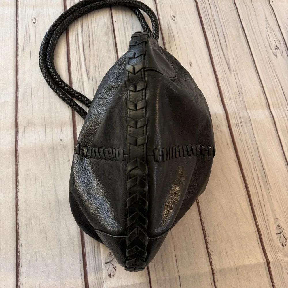 Ralph Lauren Black‎ Leather Braided Strap Hobo Shoulder Bag Whipstitch Rings